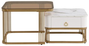 Set de Măsuțe de Cafea Suprapozabile din Marmură Lucioasă și Sticlă cu Detalii Aurii și Sertare, 60x60x42,5 cm + 50x50x34 cm, Alb