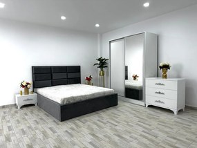 Dormitor complet Roma, culoare gri / alb, cu pat Roma 160 x 200 cm, dressing Erika, 2 noptiere si comoda Viena