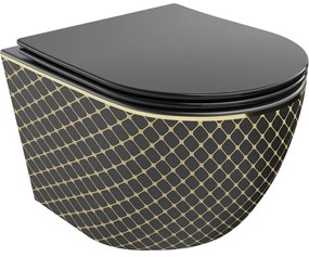 Mexen Lena vas de toaletă Rimless cu capac slim cu închidere lentă, duroplast, Neagră/aurie model tip carouri - 30224079