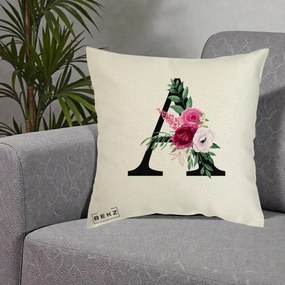 Cadou Personalizat - Perna Personalizata Monograma Florala Litera A, 40x40 cm, Ecru, Husa Detasabila, Perna Inclusa, BEKZ®
