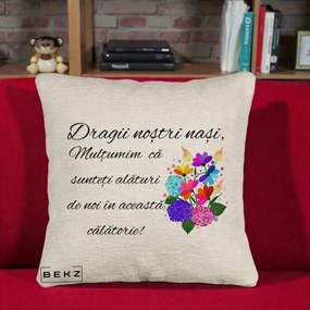 Cadou pentru Nasi - Perna Personalizata Dragii Nostri Nasi Multumim cu Flori Multicolore, 40x40 cm, Bej Canapea, Husa Detasabila, Perna Inclusa, BEKZ®