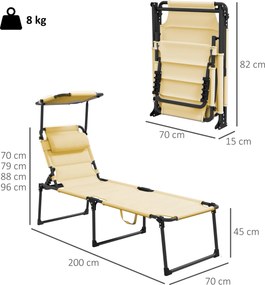 Outsunny Șezlong pliabil cu copertină, perniță reglabilă pentru cap din țesătură Oxford 70 x 200 x 45 cm crem | Aosom Romania