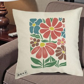 Perna Decorativa Flori Grafice Colorate Retro, 40x40 cm, Ecru, Husa Detasabila, Perna Inclusa, BEKZ®