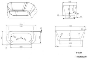 Cada baie freestanding, lipita de perete, Alice Bella Casa, acril, 170 x 80 cm 1700x800 mm