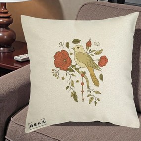 Perna Decorativa Pasare pe Ramura cu Maci, 40x40 cm, Ecru, Husa Detasabila, Perna Inclusa, BEKZ®