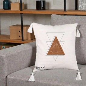 Perna Decorativa Geometric Triunghiuri Sacred, 40x40 cm, Bej cu Franjuri, Husa Detasabila, Perna Inclusa, BEKZ®