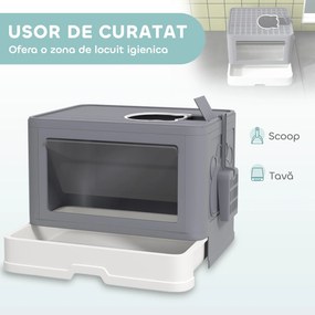 PawHut Litieră pentru Pisici cu Capac Intrare Dublă, Sertar, Lopată Gri | Aosom Romania