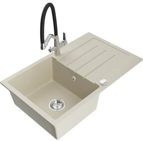 Mexen Bruno chiuvetă de granit cu un compartiment, cu picurător și baterie de bucătărie Duo, Bej - 6513-69-671701-07
