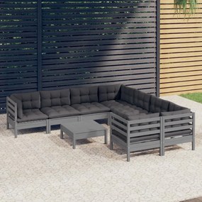 3096979 vidaXL Set mobilier de grădină cu perne, 9 piese, gri, lemn de pin