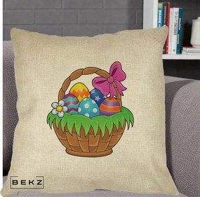 Perna Decorativa Cos cu Oua de Pasti Colorat, 40x40 cm, Crem, Husa Detasabila, Perna Inclusa, BEKZ®