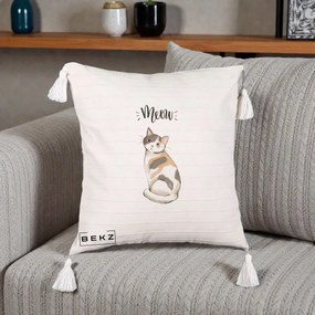Perna Personalizata Pisica Meow Acuarela, 40x40 cm, Bej cu Franjuri, Husa Detasabila, Perna Inclusa, BEKZ®