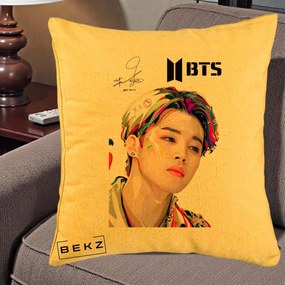 Perna Personalizata K-pop BTS Jimin Portret Artistic Multicolor cu Autograf, 40x40 cm, Galben, Husa Detasabila, Perna Inclusa, BEKZ®