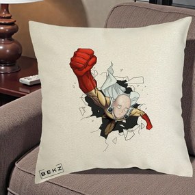 Perna Personalizata One Punch Man Saitama Pumn, 40x40 cm, Ecru, Husa Detasabila, Perna Inclusa, BEKZ®