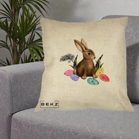 Perna Decorativa Iepuras cu Oua de Pasti Acuarela, 40x40 cm, Crem, Husa Detasabila, Perna Inclusa, BEKZ®