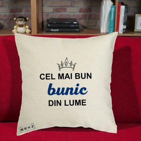 Cadou pentru Bunic - Perna Personalizata Cel Mai Bun Bunic Din Lume Coroana Albastra, 40x40 cm, Ecru, Husa Detasabila, Perna Inclusa, BEKZ®