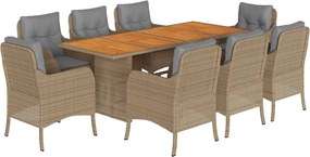 vidaXL Set de masă pentru grădină, 9 piese, cu perne, bej, poliratan