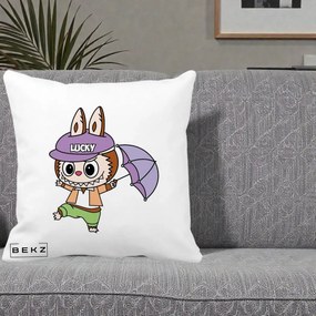 Perna Personalizata Labubu Lucky cu Umbrela, 40x40 cm, Alba Mata, Husa Detasabila, Perna Inclusa, BEKZ®