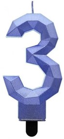 Numere Diamond Metallic Lumânare albastră cu numărul 3, lumânare pentru tort