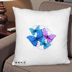 Perna Decorativa Patru Fluturi Turcoaz-Violet, 40x40 cm, Alb Pufos, Husa Detasabila, Perna Inclusa, BEKZ®
