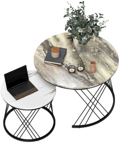 HOMCOM Lot de 2 mese joase gigogne rotunde Ø 70/44,5 cm cu blat efect marmură și picioare din metal, gri și alb | Aosom Romania