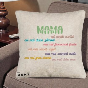 Cadou pentru Mama - Perna Personalizata Mama Cel Dintai Cuvant cu Text Colorat Multicolor, 40x40 cm, Bej Canapea, Husa Detasabila, Perna Inclusa, BEKZ®