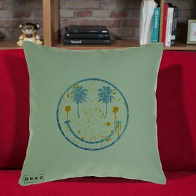 Perna Decorativa Smiley Face Tropical Albastru Glitter si Portocaliu, 40x40 cm, Verde, Husa Detasabila, Perna Inclusa, BEKZ®