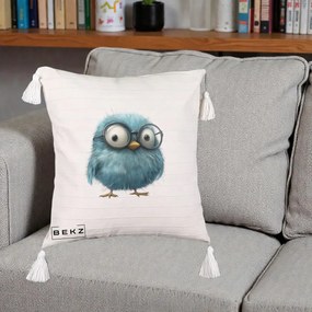 Perna Decorativa Pui Pufos Teal cu Ochelari, 40x40 cm, Bej cu Franjuri, Husa Detasabila, Perna Inclusa, BEKZ®