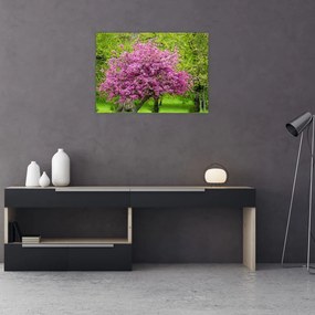 Tablou pe sticlă cu pom înflorit pe luncă (70x50 cm)