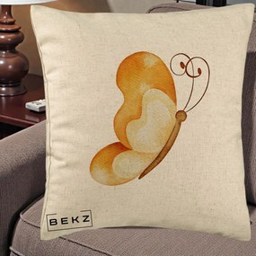 Perna Decorativa Fluture Acuarela Auriu, 40x40 cm, Bej, Husa Detasabila, Perna Inclusa, BEKZ®