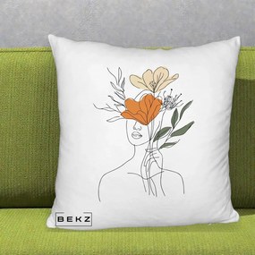 Perna Decorativa Portret Feminin Coroana Florala, 40x40 cm, Alb Pufos, Husa Detasabila, Perna Inclusa, BEKZ®