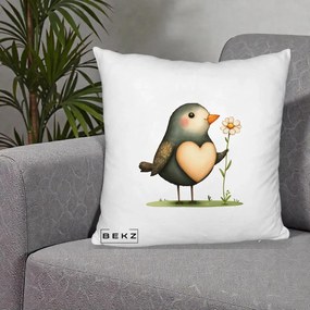 Perna Decorativa Pasare cu Inima si Margareta, 40x40 cm, Alb Pufos, Husa Detasabila, Perna Inclusa, BEKZ®