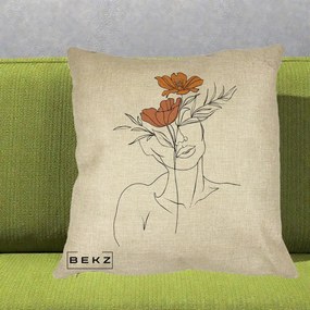 Perna Decorativa Portret Feminin Doua Flori, 40x40 cm, Crem, Husa Detasabila, Perna Inclusa, BEKZ®