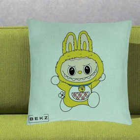 Perna Personalizata Labubu Galben Doraemon, 40x40 cm, Verde Menta, Husa Detasabila, Perna Inclusa, BEKZ®