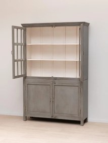 Vitrină clasică din lemn masiv de mango cu 4 uși vitrate și rafturi, finisaj gri antichizat, 135×42×204 cm, „Cheverny"