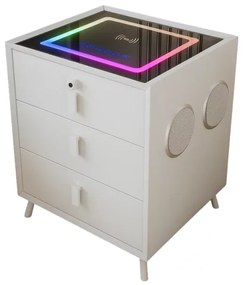Noptiera inteligenta cu &icirc;ncărcare wireless și iluminare LED &ndash;culoare: alb, 3 Sertare de depozitare, difuzor Bluetooth