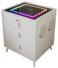 Noptiera inteligenta cu &icirc;ncărcare wireless și iluminare LED &ndash;culoare: alb, 3 Sertare de depozitare, difuzor Bluetooth