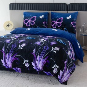 Set 2 buc Lenjerie cocolino VIOLET BUTTERFLY albastru inchis + Cearsaf Cocolino microplus cu elastic SOFT 180x200 cm alb, pat dublu