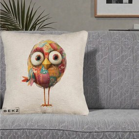 Perna Decorativa Pasare Patchwork cu Gene Lungi, 40x40 cm, Bej Canapea, Husa Detasabila, Perna Inclusa, BEKZ®
