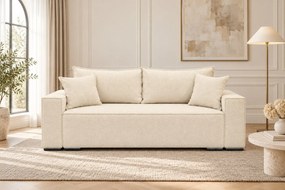Canapea extensibilă Perla din boucle, crem, cu ladă de depozitare