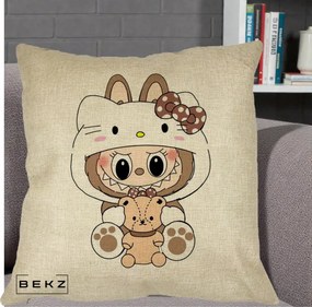 Perna Personalizata Labubu x Hello Kitty Maro-Vintage, 40x40 cm, Crem, Husa Detasabila, Perna Inclusa, BEKZ®