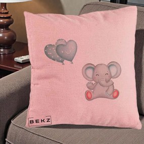 Perna Decorativa, Model Elefant si baloane in forma de inimioare, 40x40 cm, Roz, Husa Detasabila, Perna Inclusa, BEKZ®