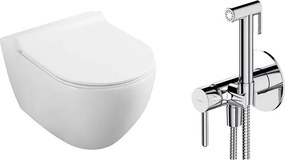 Pachet vas wc suspendat Fluminia, capac softclose si set dus igiena intima crom cu baterie incastrata Omnires Y