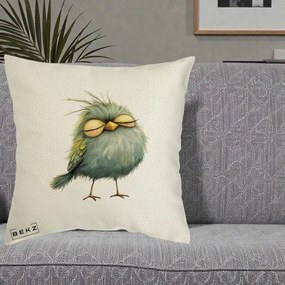 Perna Decorativa Pasare Teal Adormita cu Ochi Galbeni, 40x40 cm, Ecru, Husa Detasabila, Perna Inclusa, BEKZ®