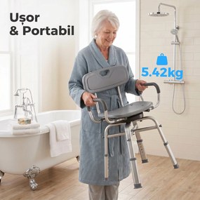 HOMCOM Scaun de Duș Rotativ cu Înălțime Reglabilă, Brațe și Spătar, Capacitate 150 kg, Gri | Aosom Romania