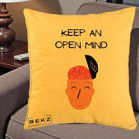 Perna Decorativa Keep An Open Mind, 40x40 cm, Galben, Husa Detasabila, Perna Inclusa, BEKZ®