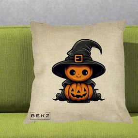 Perna Decorativa Halloween Dovleac Vrajitor Kawaii, 40x40 cm, Crem, Husa Detasabila, Perna Inclusa, BEKZ®