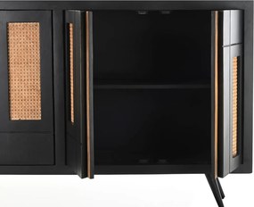 Bufet negru retro, din lemn de mango, cu 4 uși cu panouri din ratan împletit și picioare înclinate din metal, 90 x 160 x 40 cm, „Chaumont”