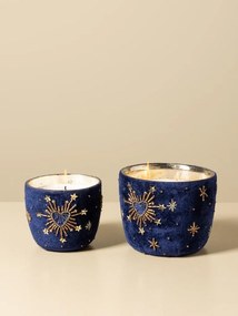 Set 2 lumânări decorative din sticlă și catifea albastră, brodate cu inimi și stele aurii, finisaj catifelat, 12 x 13 cm, „Nuit”