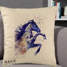 Perna Decorativa Cal Albastru Acuarela, 40x40 cm, Bej, Husa Detasabila, Perna Inclusa, BEKZ®