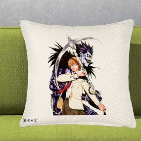 Perna Personalizata Death Note Light si Ryuk Duo, 40x40 cm, Crem Reliefat, Husa Detasabila, Perna Inclusa, BEKZ®